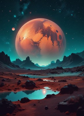 A red planet looms over a rocky landscape