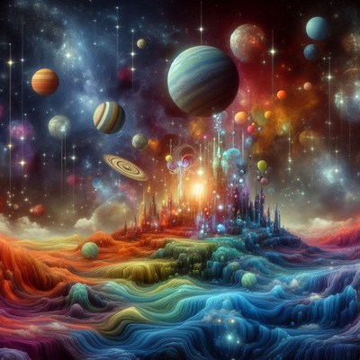 Futuristic city atop a vibrant, starry landscape