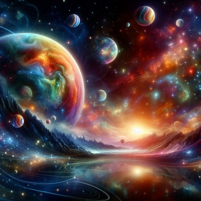 A vibrant planet hovers over a tranquil lake