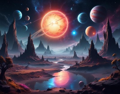 A vibrant red star shines brightly in a distant galaxy