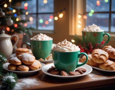 Three mugs of hot chocolate on snowy christmas eve