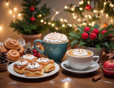 A warm coffee and sweet pastries on a festive table