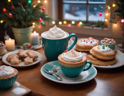 Cozy winter table: hot chocolate, cookies, pastries