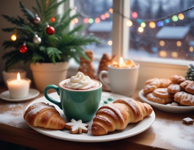 A warm drink and pastries on a snowy day