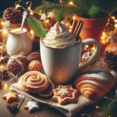 Cocoa with cream and cinnamon on a festive table