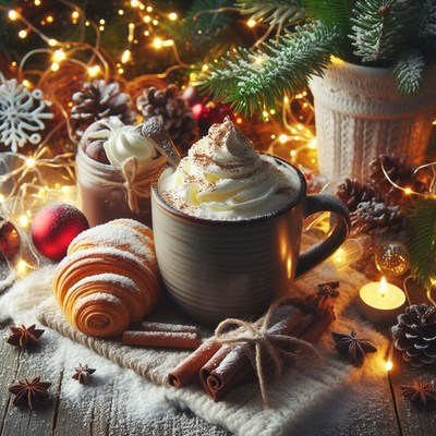 Cocoa with cream and cinnamon by a croissant and lights