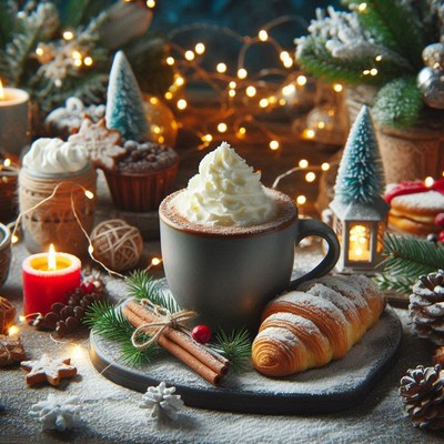A cozy winter drink with a croissant and festive lights