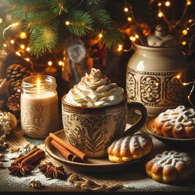 A warm cup of cocoa with whipped cream and cinnamon sticks