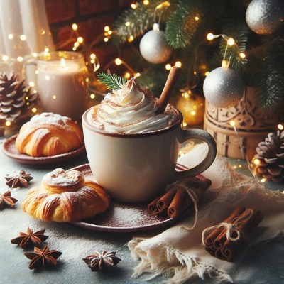 Cocoa with cream by the christmas tree