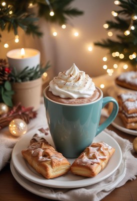 A cozy winter beverage with whipped cream and pastries