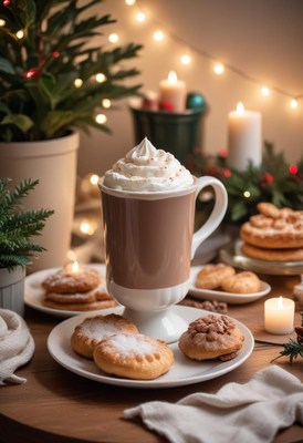 A cozy winter drink with whipped cream and cookies