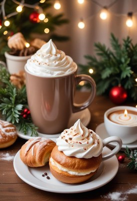 Cocoa with whipped cream and pastries on a table