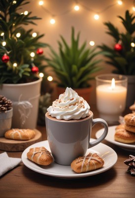 â€œcoffee with whipped cream on a table by christmas lights.â€