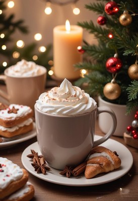Coffee with whipped cream by the christmas tree