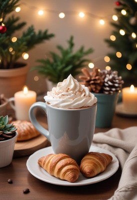 Warm drink, croissants, and christmas lights