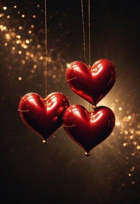 Three red hearts on a dark, sparkly backdrop