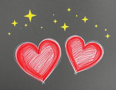 Two red hearts drawn on a dark background with yellow stars