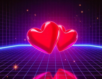 Two red hearts float above a glowing grid