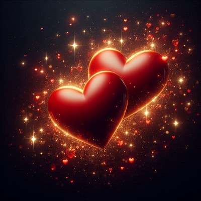 Two red hearts shine brightly against a dark background