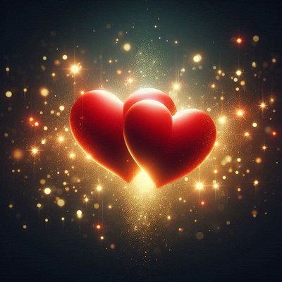 Two red hearts shine on a dark, sparkly backdrop