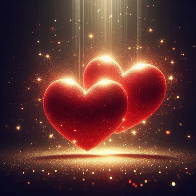 Two red hearts glow under a beam of light