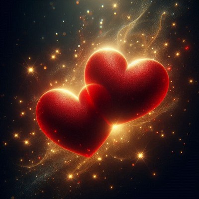 Two red hearts glow in a dark sky