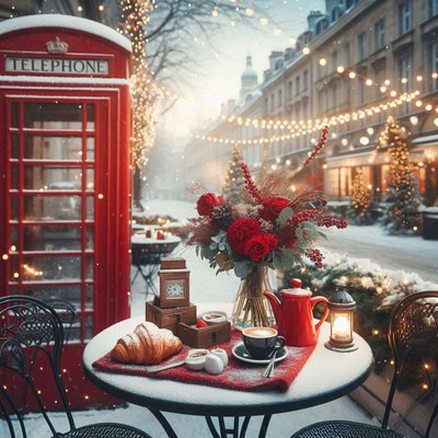 Cozy winter table setting by a red phone booth
