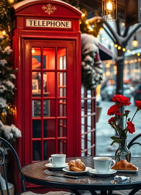 Coffee and pastries outside a red phone booth