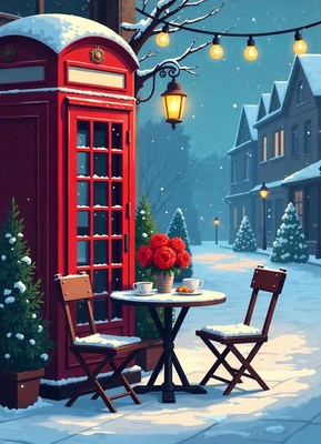 Cozy cafe table by a red phone booth in snow