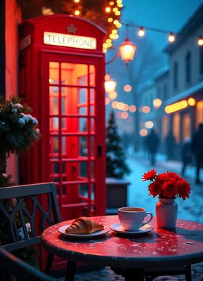 Cozy cafe table with croissant and coffee in the snow