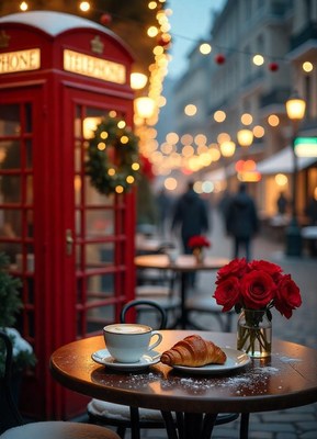 A cozy cafe table in a snowy london street