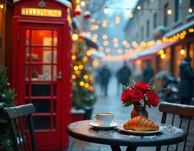 Snowy london street, red phone booth, cozy cafe
