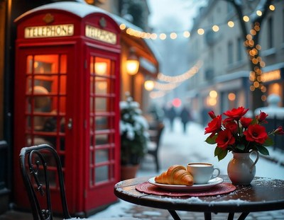 A cozy table in a snowy london street