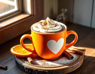 Coffee with whipped cream and cinnamon on wood