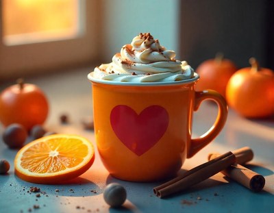 Hot chocolate with whipped cream, cinnamon, and oranges
