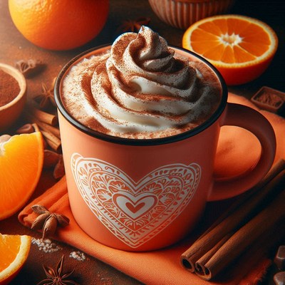 Hot cocoa with whipped cream on table with oranges