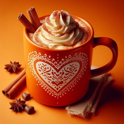 A warm mug of coffee with whipped cream and cinnamon sticks