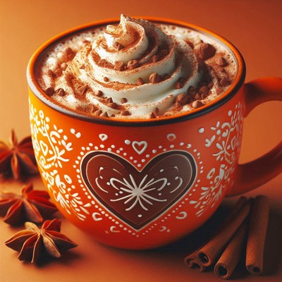 A warm mug of coffee topped with whipped cream and cinnamon