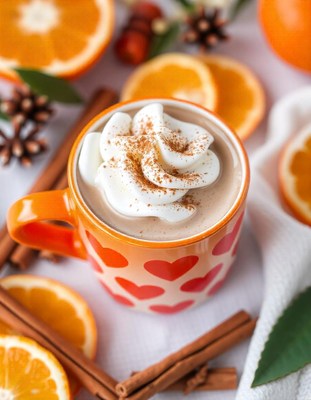 Hot cocoa with cream, cinnamon, oranges, and sticks