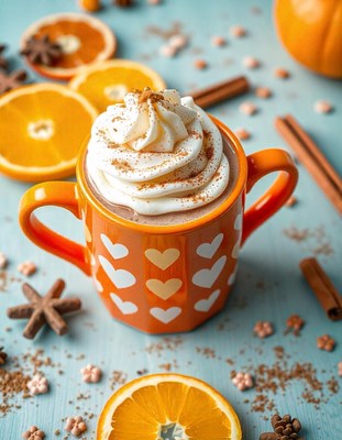Warm mug of hot chocolate with cream and cinnamon