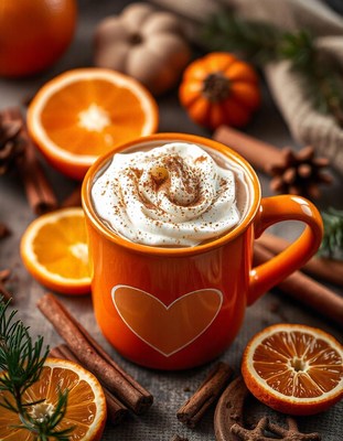 Hot chocolate with cream and cinnamon beside oranges