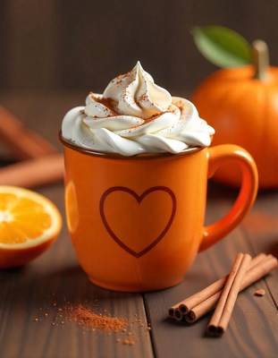 A brown mug with a heart design sits on a wooden surface