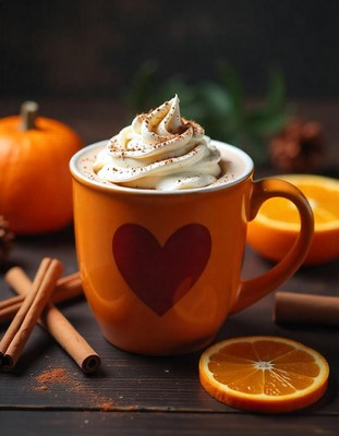 Coffee with whipped cream on a table with citrus