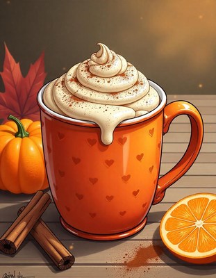 A pumpkin spice latte with whipped cream sits on a table