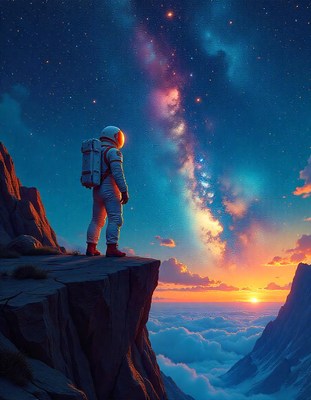 Astronaut on a mountaintop gazes at the milky way