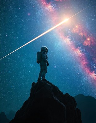 Astronaut atop a peak under starry sky