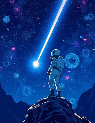 Astronaut on a mountain watches a shooting star