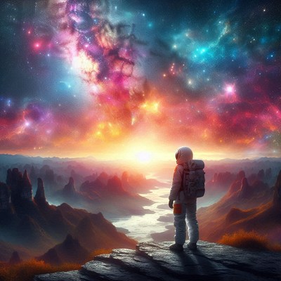 Astronaut gazes at stars from a cliff on a planet