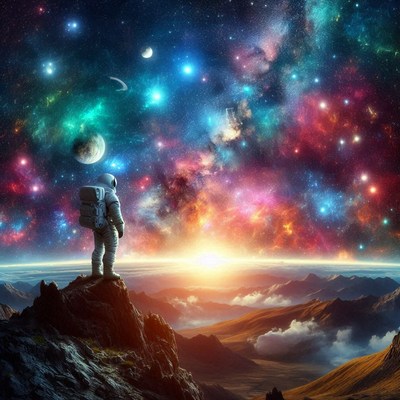 Astronaut admires a galaxy over mountain peaks