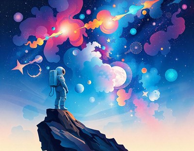 Astronaut gazes at a vibrant sky from a rocky peak